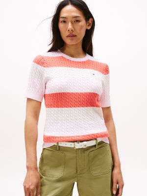 Chandail en tricot torsadé rayé à manches courtes, rayures rose pâle
