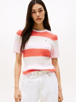 Short-Sleeve Stripe Cable Knit Sweater, Light Pink Stripe