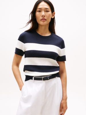 Short-Sleeve Textured Stripe Sweater, Navy Blue Stripe