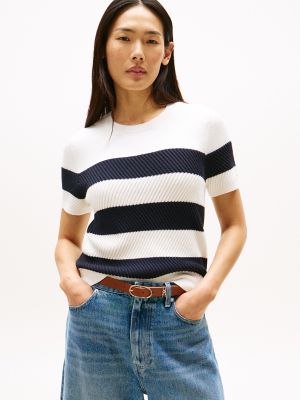 Short-Sleeve Textured Stripe Sweater, Ecru Stripe