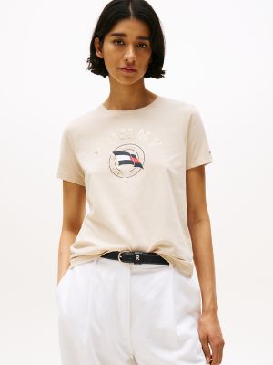 Embroidered Wavy Flag Logo T-Shirt, Classic Beige