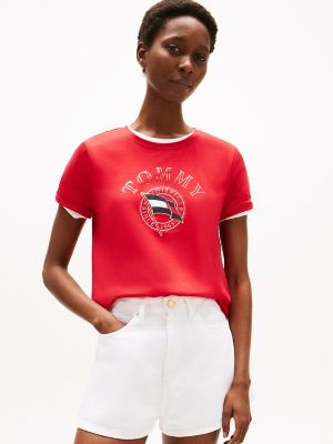 T-shirt brodé à logo drapeau ondulé, rouge primaire