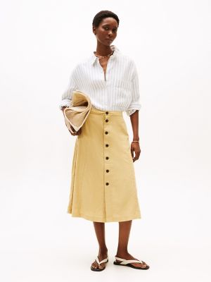 Linen-Cotton Button-Front Flared Skirt, Beechwood