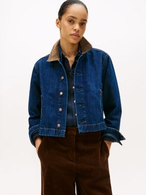 Cropped Cotton-Hemp Denim Chore Jacket, Dark Wash Denim