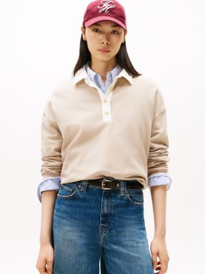Gold-Button Polo Sweatshirt, Stone