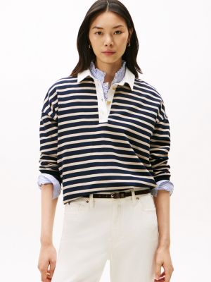 Gold-Button Stripe Polo Sweatshirt, Stone Multi