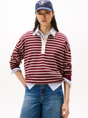 Gold-Button Stripe Polo Sweatshirt, Burgundy Multi