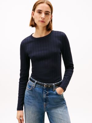 Long-Sleeve Pointelle Crewneck T-Shirt, Navy Blue