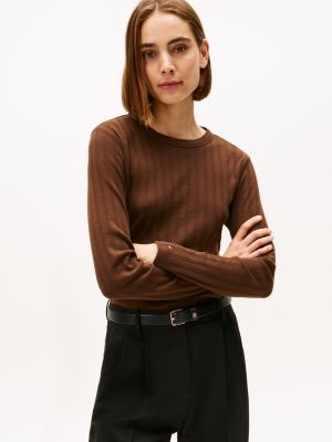 Long-Sleeve Pointelle Crewneck T-Shirt, Legacy Brown