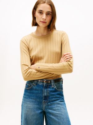 Long-Sleeve Pointelle Crewneck T-Shirt, Classic Khaki