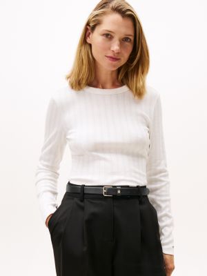 Long-Sleeve Pointelle Crewneck T-Shirt, Ecru