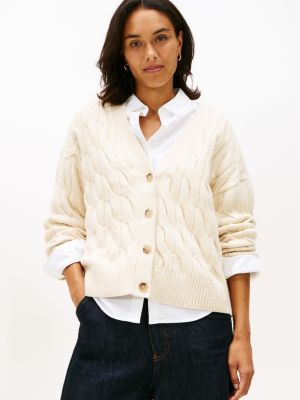 Cable Knit Cardigan, Light Beige Heather