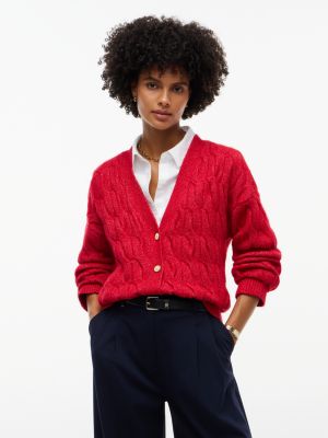 Tommy Hilfiger Women's TH Soft Touch Cable Knit Cardigan - Medium Red - XXS