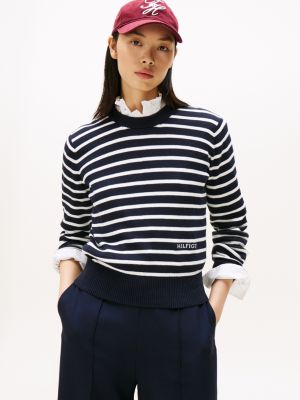 Mini-Stripe Crewneck Sweater, Navy Blue