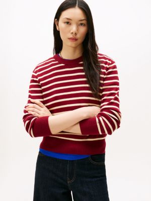 Mini-Stripe Crewneck Sweater, Rouge