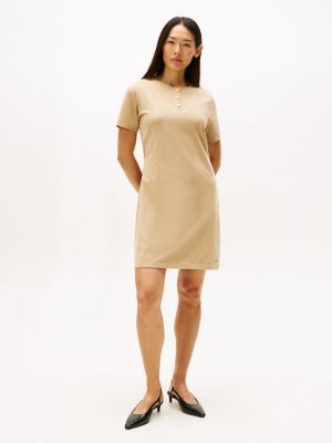 Gold-Button Belted T-Shirt Dress, Beige Heather