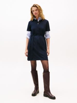 Gold-Button Belted T-Shirt Dress, Navy Blue