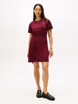 Gold-Button Belted T-Shirt Dress, Burgundy