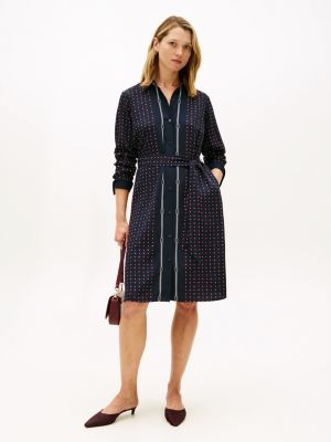 Fluid Crepe Belted Shirtdress, Navy Blue