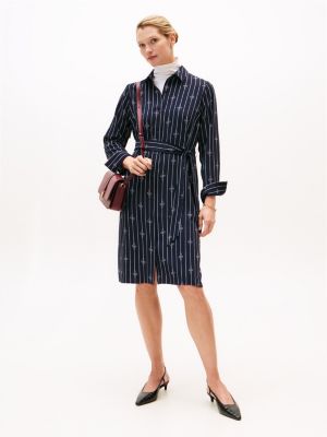 Rope Print Belted Midi Shirtdress, Navy Blue