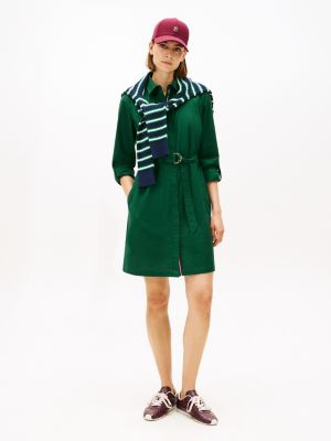Long-Sleeve Belted Oxford Shirtdress, Ornamental Green