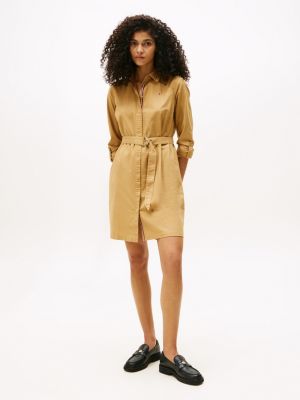 Long-Sleeve Belted Oxford Shirtdress, Classic Khaki