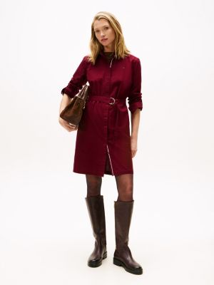 Long-Sleeve Belted Oxford Shirtdress, Burgundy