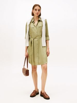 Long-Sleeve Belted Utility Shirtdress, Faded Olive