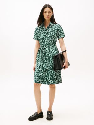 Monogram Print Belted Shirtdress, Academia Green