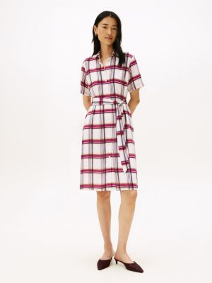 Plaid Georgette Belted Shirtdress, Ivory