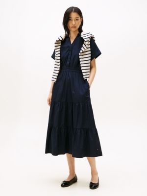 Poplin Tiered Midi Dress, Navy Blue
