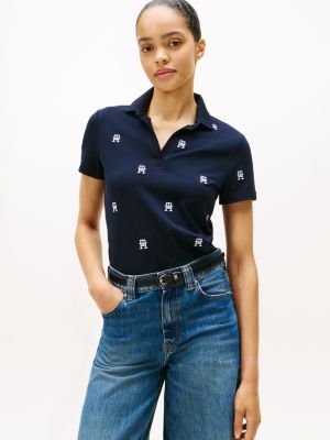 Allover Monogram Split-Placket Polo, Navy Blue