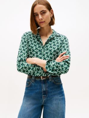 Monogram Print V-Neck Pullover Top, Academia Green