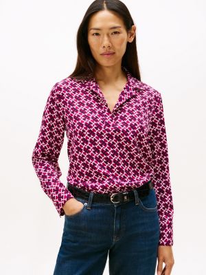 Monogram Print V-Neck Pullover Top, Italian Wine