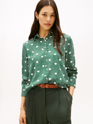 Relaxed Dot Print Crepe Shirt, Ornamental Green