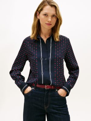Relaxed Foulard Print Crepe Shirt, Navy Blue