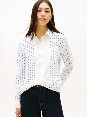 Relaxed Foulard Print Crepe Shirt, Ecru