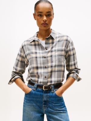 Relaxed Lightweight Plaid Flannel Shirt, Grey