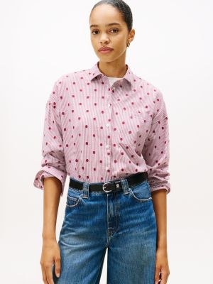 Relaxed Polka-Dot Poplin Jacquard Shirt, Rouge