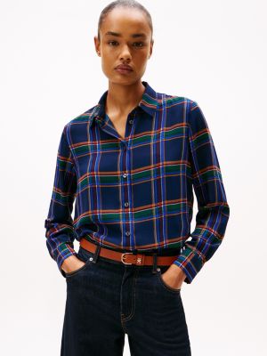 Relaxed Plaid Georgette Shirt, Carbon Navy