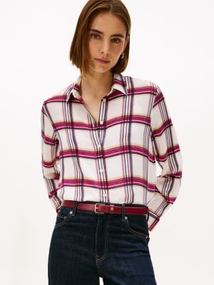Relaxed Plaid Georgette Shirt, Ivory
