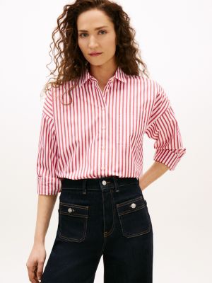 Relaxed Stripe Poplin Shirt, Deep Crimson