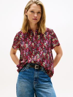 Flutter-Sleeve Printed Georgette Shirt, Red Multi Floral