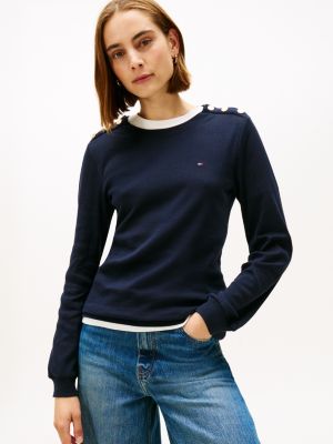 Gold-Button Crewneck T-Shirt, Navy Blue