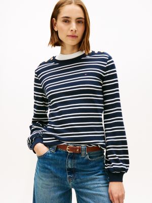 Gold-Button Stripe Crewneck T-Shirt, Navy Blue