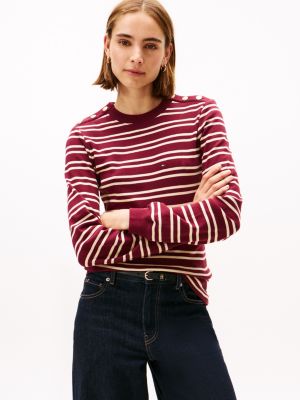 Gold-Button Stripe Crewneck T-Shirt, Burgundy