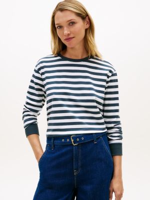 Long-Sleeve Stripe Crewneck T-Shirt, Military Denim