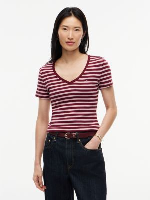 V-Neck Striped Favorite T-Shirt, Burgundy Combo
