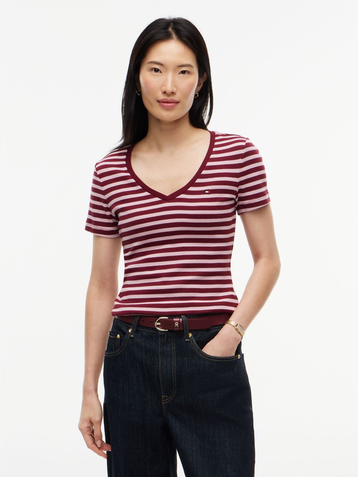 V-Neck Striped Favorite T-Shirt — Burgundy Combo