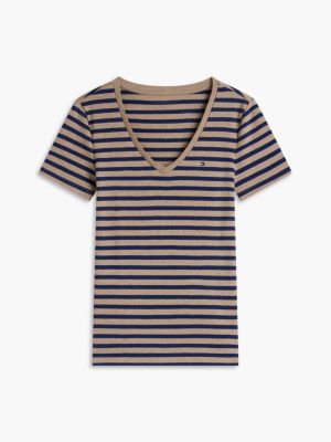 Женская футболка Tommy Hilfiger V-Neck Striped Favorite, цвет: Коричневый / Тёмно-синий полосатый — фото 5